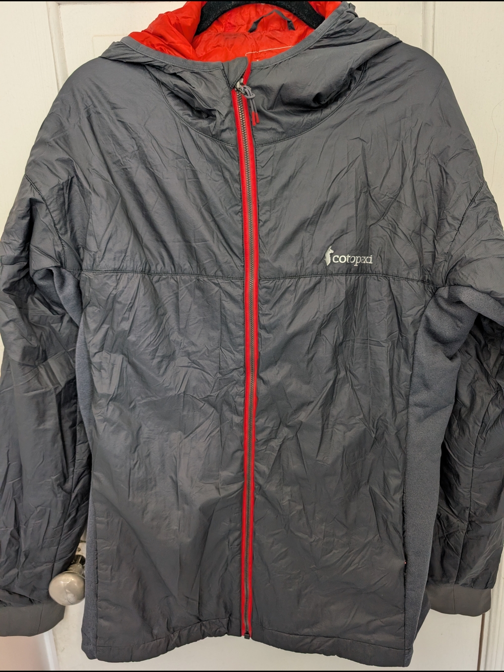 cotopaxi Gray Hooded Packable Jacket with Red Trim